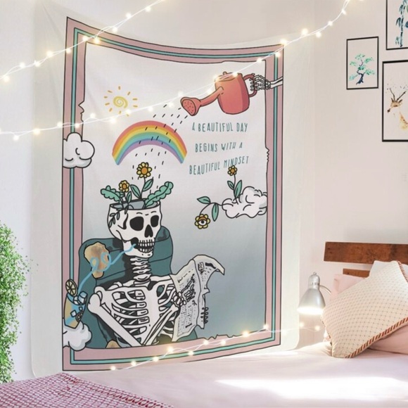 Skeleton Skull Flowers A Beautiful Day Begins With A Beautiful Mindset Tapestry - Picture 1 of 5